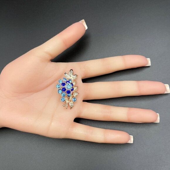 Rose Gold with Dark and Light Blue Sapphire Flower Leaf Bouquet Pin Back Brooch - Picture 8 of 8